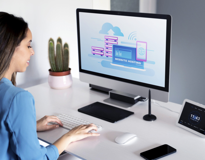website-hosting-concept-with-woman-working-computer